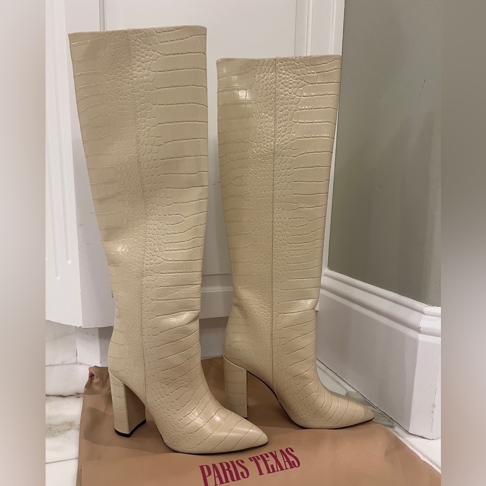 Paris Texas Cream Croc-Effect Embossed Heeled Boots